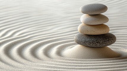 Stone serenity, Stacked zen stones on raked sand embody balance and tranquility concept