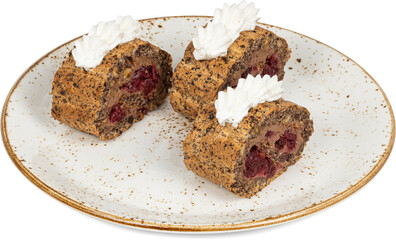 Three tasty cake pieces on a white plate, topped with cream