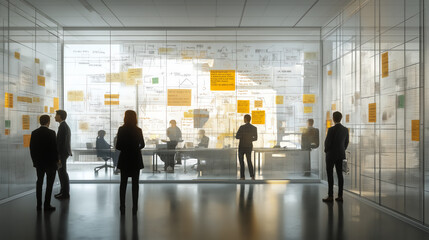 modern office setting with cross functional team collaborating in glass walled meeting room, surrounded by notes and diagrams on transparent walls, fostering innovation and teamwork