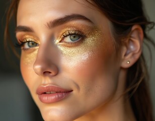 Close-up face portrait of young caucasian woman with gold glitter eyeshadow makeup, confident look. Shiny highlighter, metallic lipstick, black eyelashes. Beauty shot for visage, facial care, party