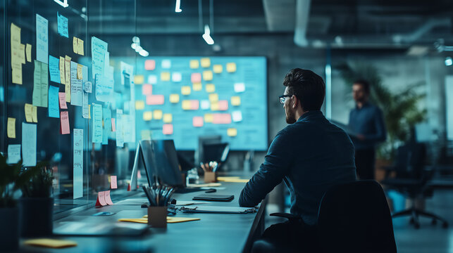 modern office setting with cross functional team collaborating in bright space, featuring man focused on computer and colorful sticky notes on glass wall