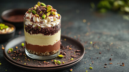Layered dessert with pistachio topping served in a glass, perfect for a sweet treat. Elegant presentation on a dark plate.