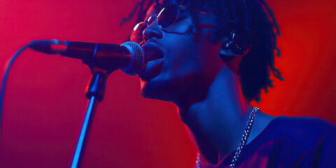 Male Vocalist with Microphone Under Stage Lighting