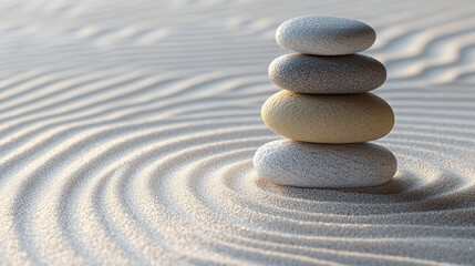Balanced stones serene simplicity on ripple sand embodying equilibrium and mindfulness