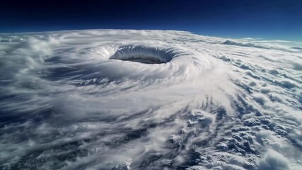 Aerial view of a swirling hurricane, showcasing its eye and spiral clouds. The video captures the storm's power and dynamic motion from above.