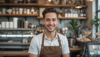 Obraz premium A young man wearing a light shirt and brown apron stands behind a cafe counter, radiating warmth and friendliness