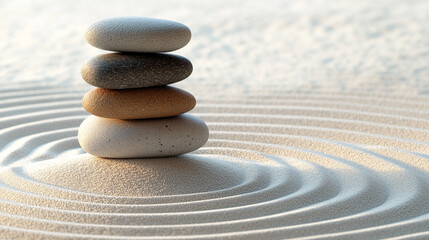 Balancing tranquil stones on raked sand evoking mindfulness and serene contemplation