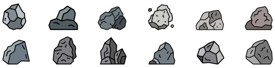 Stone icon. Set of stones and rocks of various shapes representing different minerals. Geological collection. Vector illustration
