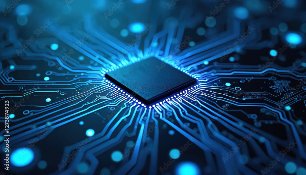 Aufkleber Close-up computer chip on blue cyber circuit board with neon lights. Future tech micro chip processor illustration. Digital cyberspace binary code. AI concept design background.