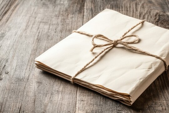 Parcel wrapped in brown paper with twine string knot on rustic wooden table
