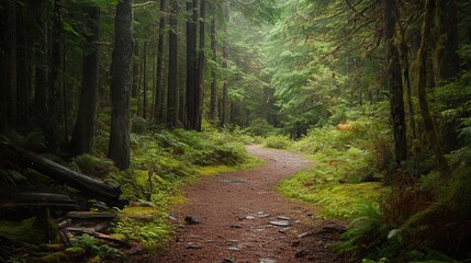 Obraz premium A serene woodland path surrounded by lush trees, inviting exploration and offering a peaceful natural retreat.