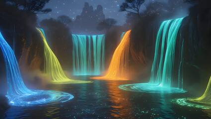 a world where waterfalls flow with iridescent liquid light that undulates and ripples like molten lava, cascading in glowing