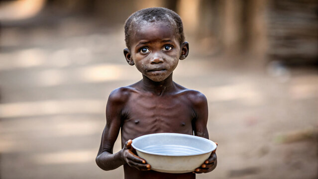a starving child with a frail body holding a stainless steel Food pan