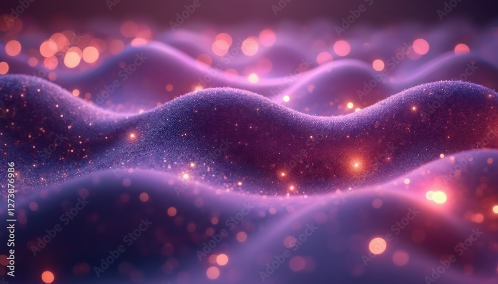 Fototapete Abstract purple 3D background with glowing bokeh lights. Smooth waves with cosmic shimmer effect and fantasy sparkle. Futuristic digital artwork with vibrant texture and energy.