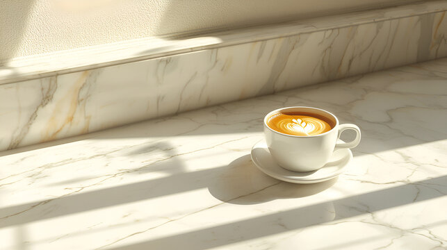Morning latte art: A creamy espresso beverage on a marble countertop illuminated by the sun's rays.