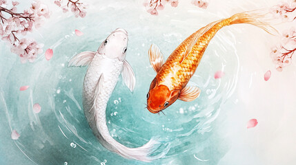 Delicate koi fish serenity in clear water with flowering branches and softly falling petals