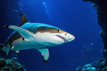 Fototapeta premium Tiger shark swimming in bustling marine environment