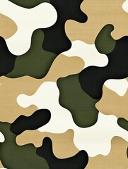 Fabric in Military Camouflage Seamless Pattern Unique camouflage pattern with a blend of earthy tones creating visual depth.