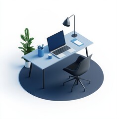 Minimalist workspace design featuring a desk with a laptop and plant in a modern setup during daylight hours