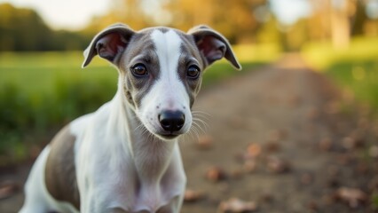 Obraz premium A greyhound puppy with a white and grey coat sits on a path in a park, looking directly at the camera.