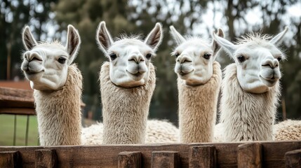 Obraz premium Four llamas peek over a fence