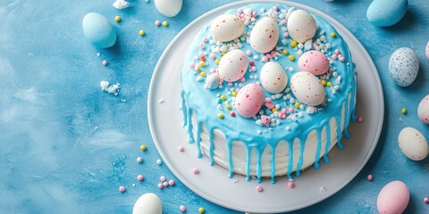 A beautifully decorated cake featuring blue icing and colorful sprinkles, elegantly presented on a white plate.