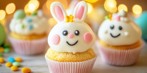 Adorable cupcakes adorned with bunny ears and crowns, perfect for festive celebrations and themed events.