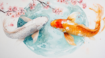 Watercolor Koi Fish Serenity, A Delicate Dance Beneath Blossoming Cherry Branches