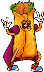 Cartoon funny groovy Halloween Mexican taquito wizard character, vector Tex Mex food. Groovy taquito or burrito with happy smile and funky fingers in sorcerer magic mantle, Halloween holiday character