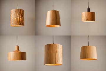 Six wooden pendant lamps with varying shades and finishes hang from black cords against a white wall, creating a harmonious and minimalist design