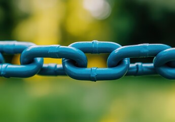 Close up view of a blue metal chain against a blurred green and yellow background. The chain links are interconnected, showcasing strength and