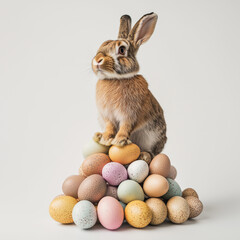 Obraz premium Mischievous rabbit on top of a pile of chocolate eggs for Easter. Perfect for illustrating egg hunts