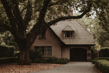 A delightful brick house is nestled amidst vibrant autumn foliage, with lush greenery and mature trees creating a picturesque scene all around