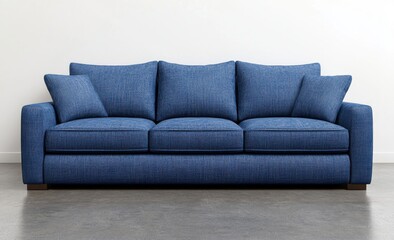 A blue patterned sofa with three cushions and dark brown legs is positioned against a light gray wall. The sofa sits on a light gray concrete floor