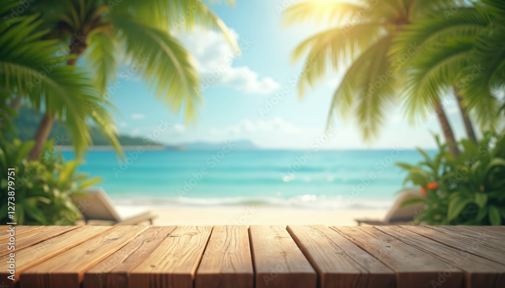 Aufkleber empty wooden table, blurred beach background in summer. tropical turquoise sea view with deck. palm 