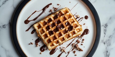Delicious Single Waffle Drizzled with Chocolate Sauce and Sprinkles