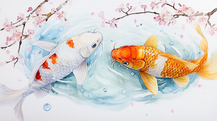 Watercolor koi serenity under blooming cherry blossoms, a tranquil aquatic art piece