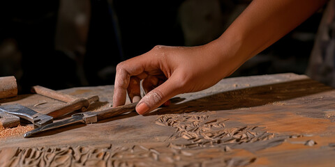Hand Inspecting Carved Wood and Tools