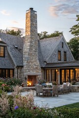 Imagine a cozy outdoor space featuring a warm fireplace surrounded by comfortable seating at a delightful stone house, all illuminated by the beautiful hues of a sunset