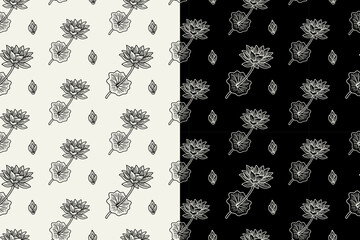 lotus petals with leaves doodle seamless pattern on black white background set. lotus flower petal engraving pattern background. retro lotus flower with leaves background for florist merchandise