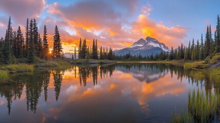 Fototapeta premium Mountain Lake Sunset Reflecting Colorful Sky