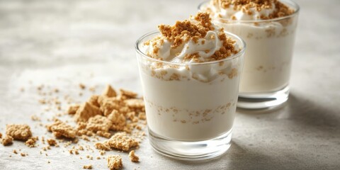Creamy Vanilla Yogurt Dessert with Crushed Topping in Glass Cups