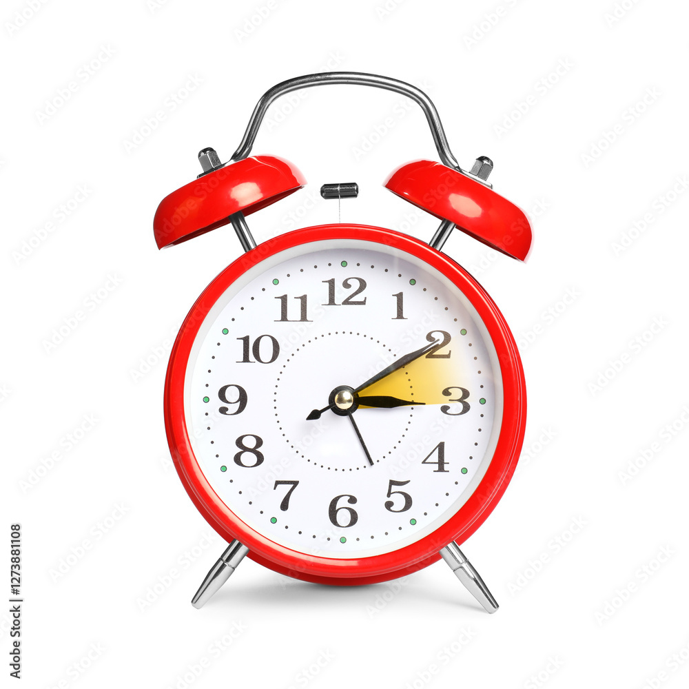 Poster Daylight saving time. Red alarm clock on white background. Highlighted area showing time change by one hour forward