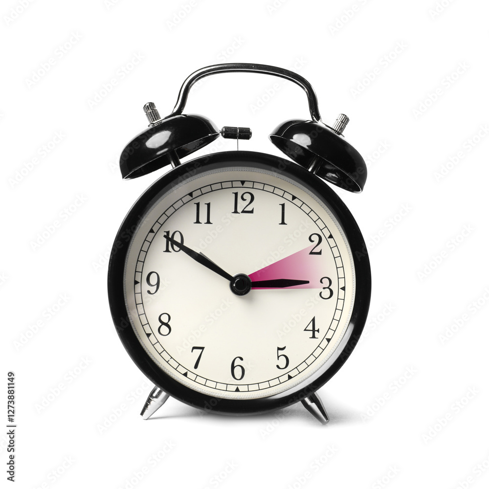 Poster Daylight saving time. Black alarm clock on white background. Highlighted area showing time change by one hour forward