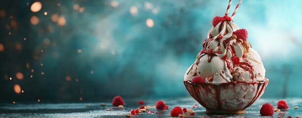 Ice cream sundae topped with raspberries and chocolate drizzle on a teal background, festive