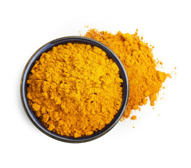 Turmeric powder isolated on white, top view. Aromatic spice