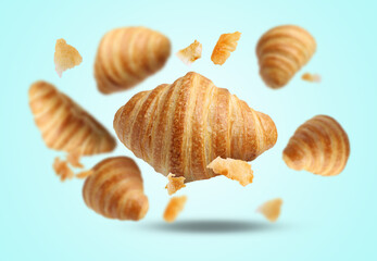 Delicious croissants and crumbs falling on light blue background. Puff pastry