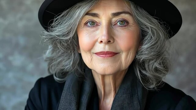 Woman wearing a black hat and scarf is smiling. She has gray hair and is wearing a black coat