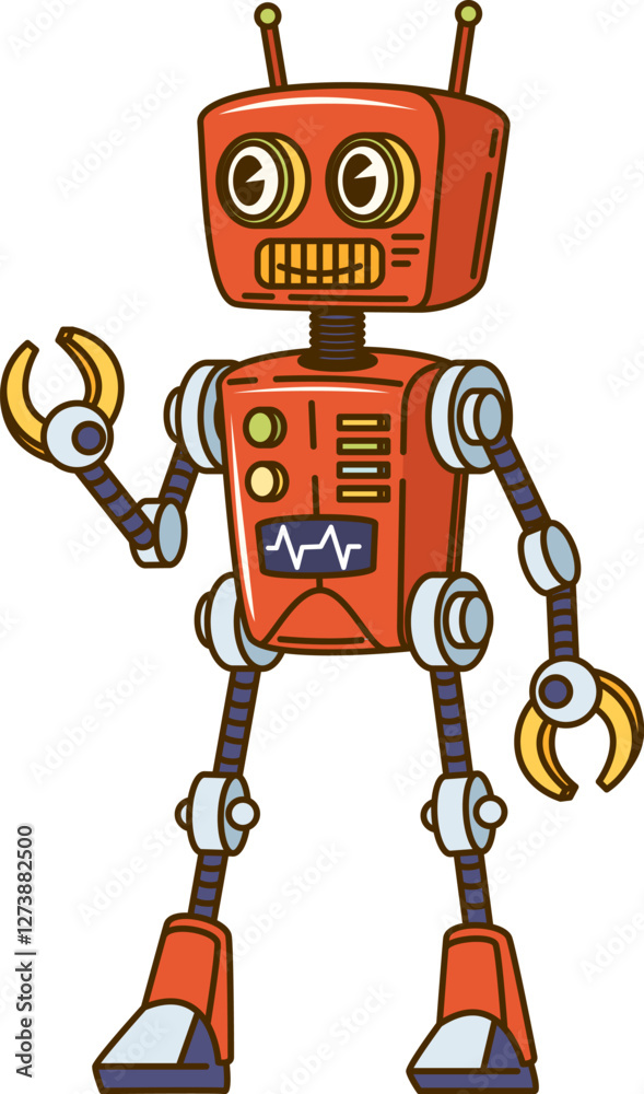 Aufkleber groovy retro robot cartoon character with funky face and mechanical arms, vector personage. groovy r
