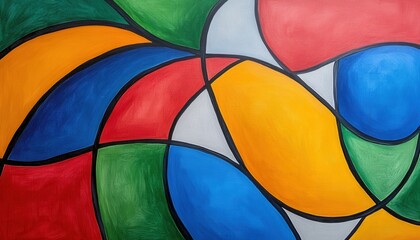 Fototapeta premium Vibrant abstract artwork with interweaving shapes of red, orange, yellow, green, and blue. Thick black outlines define each form, set against a